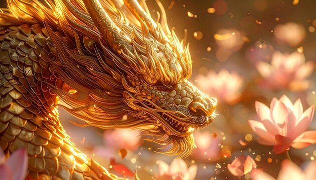 Golden qilin with shimmering metallic scales and floating pink lotus petals
