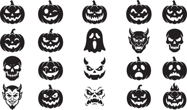 Set of black and white hand drawn halloween pumpkin faces and spooky character icons for festive holiday design and creative decoration projects
