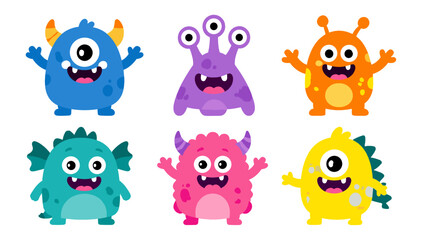Fototapeta premium Set of six colorful cartoon monster characters on white