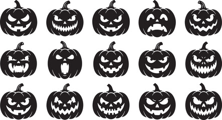 Obraz premium A collection of fifteen spooky black pumpkin silhouettes with scary carved faces isolated on a white background for your halloween design projects
