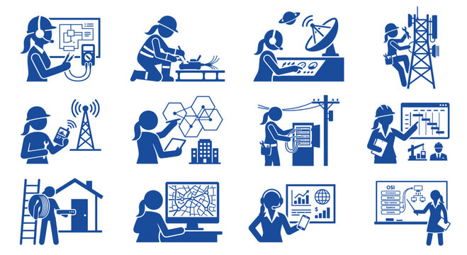 Diverse women in STEM careers illustration set: engineering, IT, telecom, construction, and more.