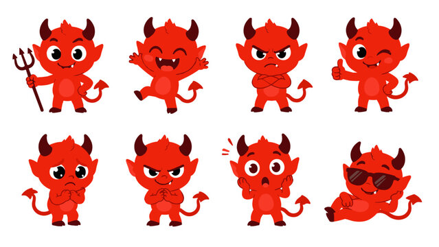 Set of cute red devil cartoon characters with different poses