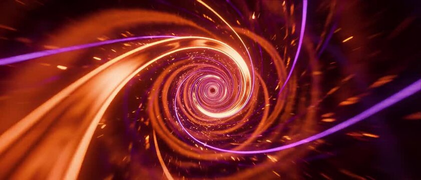 Abstract swirl vortex tunnel with glowing light streaks, digital energy spiral dynamic motion, purple and orange blur background, abstract vortex spiral tunnel with glowing light trails and dark