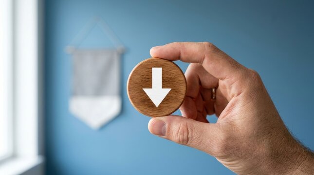 Hand holding a wooden circle with a downward arrow symbol.