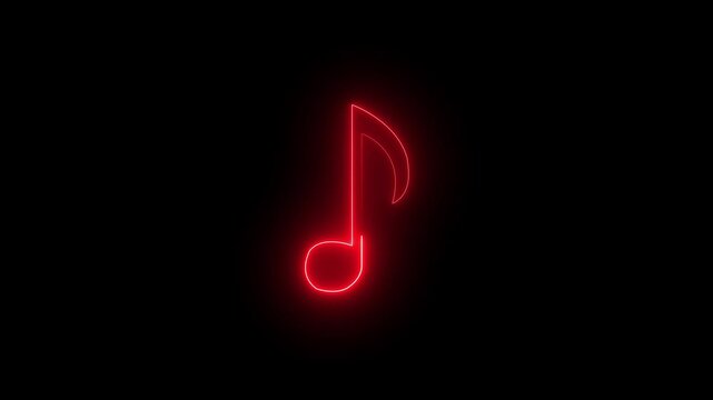 Red neon musical note symbol glowing on black background icon