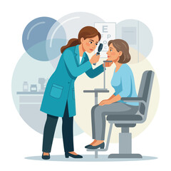 Fototapeta premium Ophthalmologist examining patient's eye with ophthalmoscope in clinic, flat vector illustration.