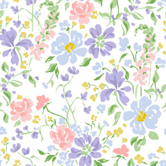 Fototapeta premium Hand-Drawn Seamless Floral Background with Botanical Flowers, Roses, Lotus, Hearts, Leaves and Blossoms | Elegant Spring Summer Nature Wallpaper Pattern | Soft Pastel Vector Line Art for Fabric, Texti