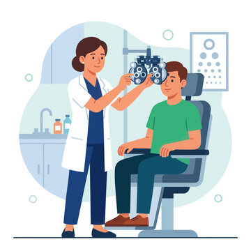 Ophthalmologist examining a patient's eyes with a phoropter in a modern clinic setting, flat vector illustration.