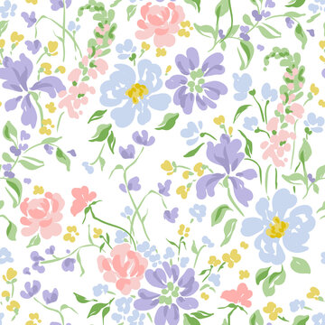 Hand-Drawn Seamless Floral Background with Botanical Flowers, Roses, Lotus, Hearts, Leaves and Blossoms | Elegant Spring Summer Nature Wallpaper Pattern | Soft Pastel Vector Line Art for Fabric, Texti