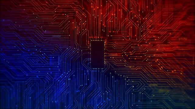 Multicolor microchip circuit 19 visual with central processor, bright electronic routes, warm cool lighting split. Perfect AI robotics content, data systems, computer promos, motion graphics.