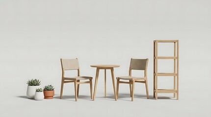 Fototapeta premium Minimalist wooden furniture set arranged for space-saving patio decor featuring two chairs a small round table and a compact shelving unit in a studio