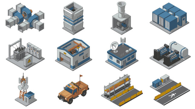 Isometric Industrial Buildings and Vehicles Collection.