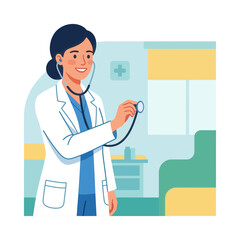 Obraz premium Friendly Female Doctor with Stethoscope in a Modern Clinic Setting, Vector Illustration