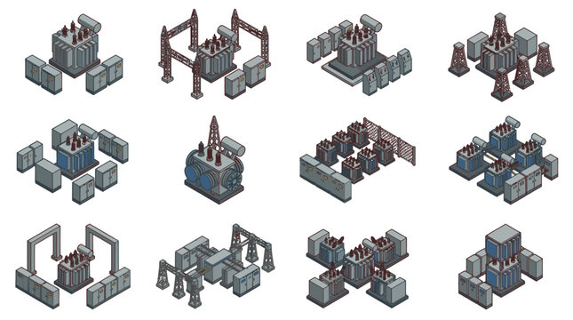 Isometric pixel art city buildings and structures collection.
