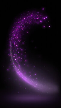 Glowing purple light arc with sparkle and star particle on dark black background, magical cosmic swirl curve trail