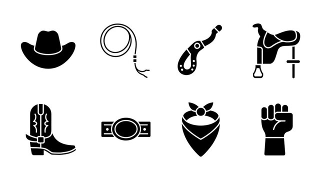 Set of eight iconic cowboy and rodeo symbols in black and white vector style