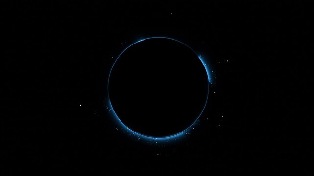 Cinematic space eclipse planet visual blue rim light, dark round silhouette, tiny stars, deep black atmosphere. for cosmic trailers, astronomy explainers, sci fi backgrounds, and motion graphics.