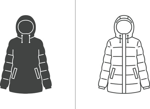 Jackets with Hoods and Zippers in Black and White Line Art Style Featuring Winter, Coats, Clothing with Outerwear and Fashion Elements for Design