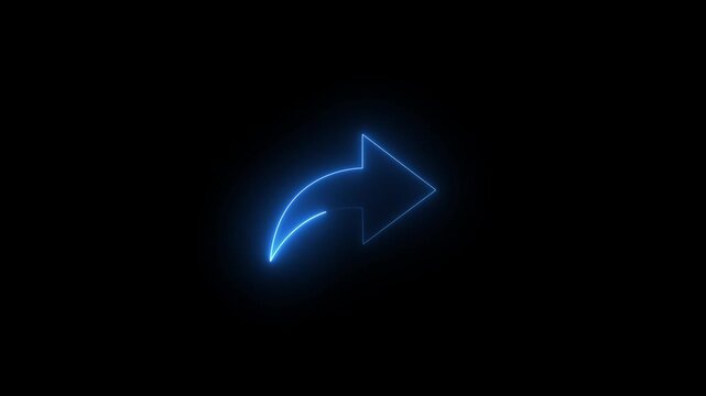 Bright blue neon glow share icon with curved arrow on black background light symbol