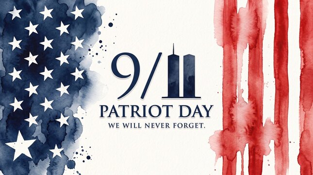 A commemorative 9/11 Patriot Day graphic featuring watercolor United States flag elements, twin tower silhouettes, and the text We Will Never Forget