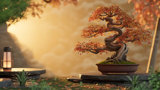 Beautiful bonsai tree on a stone display with blurred garden background