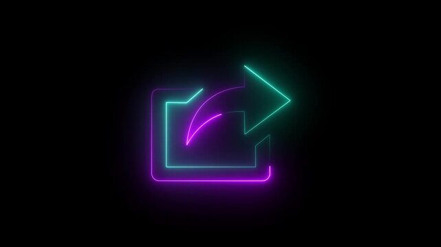 Cyan and magenta neon glow share icon with curved arrow on black background light symbol