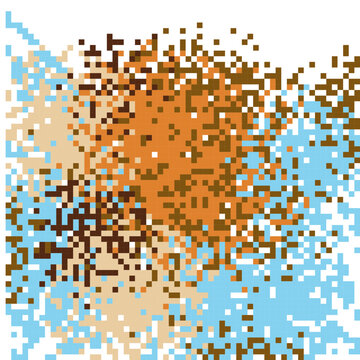 Pixel art explosion background, abstract digital mosaic with blue and orange squares, retro 8-bit glitch texture vector illustration