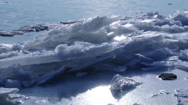 4K BreakUp Border Ice on River in a Cold Winter Day