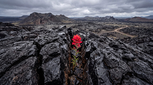 Vibrant Crimson Wildflower Blooming from Cracked Black Obsidian Rock in Desolate Volcanic Landscape