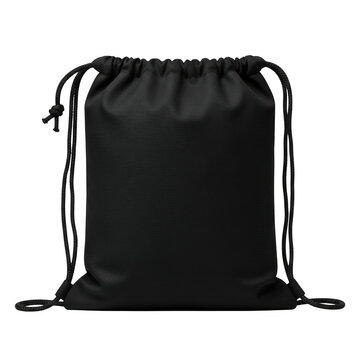 Black drawstring backpack bag for sports and travel isolated on transparent background