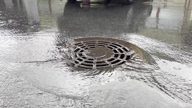 Rainwater Flowing into Street Drain Gutter on Wet Asphalt Road