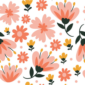 Hand-Drawn Seamless Floral Background with Botanical Flowers, Roses, Lotus, Hearts, Leaves and Blossoms | Elegant Spring Summer Nature Wallpaper Pattern | Soft Pastel Vector Line Art for Fabric, Texti