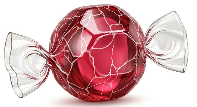 A single round chocolate candy wrapped in shiny red foil on white background