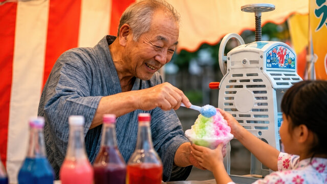 Obon summer festival stall with elderly vendor serving colorful kakigori to child, japanese tradition, ancestor remembrance, paper lantern ambience, bon odori celebration, yukata, fair food
