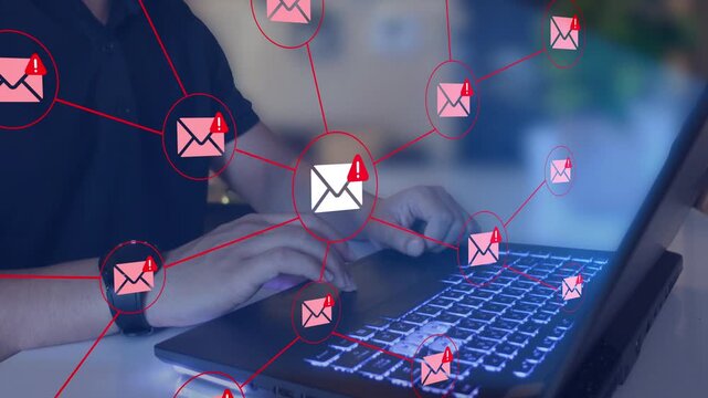 Network of emails with alert sign. Suspect emails alert spam virus message caution sign. Harmful, junk mail and Trash, Spam email.
