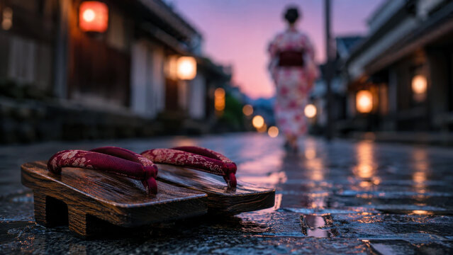 Obon festival evening street with wooden geta sandals on wet stone pavement, blurred woman in yukata, glowing paper lanterns, japanese ancestor worship, bon odori dance, toro nagashi ritual