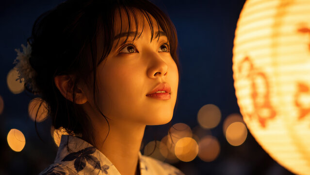 Obon festival portrait near glowing paper lanterns at dusk, japanese tradition for ancestor worship, toro nagashi floating lights, bon odori dance, mukae-bi okuri-bi ritual, summer night