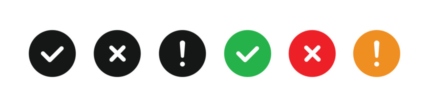 Check mark cross icon and exclamation symbol button set for correct wrong alert verification vector illustration