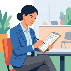 Fototapeta premium Businesswoman in blue blazer writing on clipboard in modern office interior, flat vector illustration