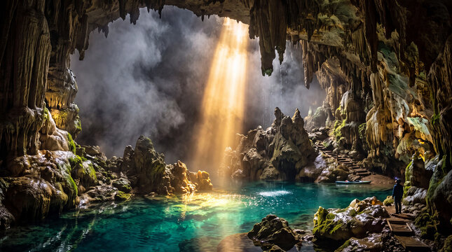 Golden Sunlight Piercing Swirling Mist to Reveal a Pristine Turquoise Underground Lake in a Cavern