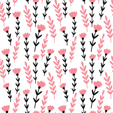 Hand-Drawn Seamless Floral Background with Botanical Flowers, Roses, Lotus, Hearts, Leaves and Blossoms | Elegant Spring Summer Nature Wallpaper Pattern | Soft Pastel Vector Line Art for Fabric, Texti