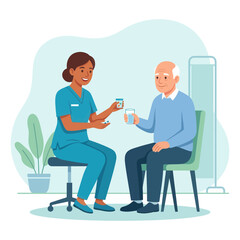 Obraz premium Caring nurse administers medication to elderly patient, flat vector illustration symbolizing healthcare and support