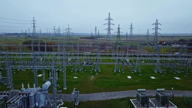 Aerial view of electrical substation with high voltage power lines and transformers in Riga, Latvia.