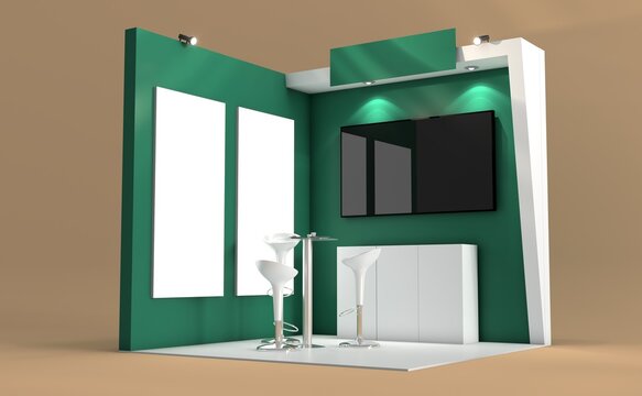 Trade stand mockup. Blank exhibit stand mockup, fair stand. Blank indoor exhibition with work paths. Blank trade exhibition booth system stand.