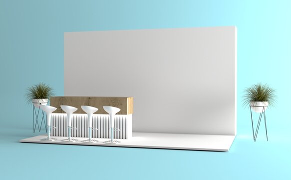 Trade stand mockup. Blank exhibit stand mockup, fair stand. Blank indoor exhibition with work paths. Blank trade exhibition booth system stand.