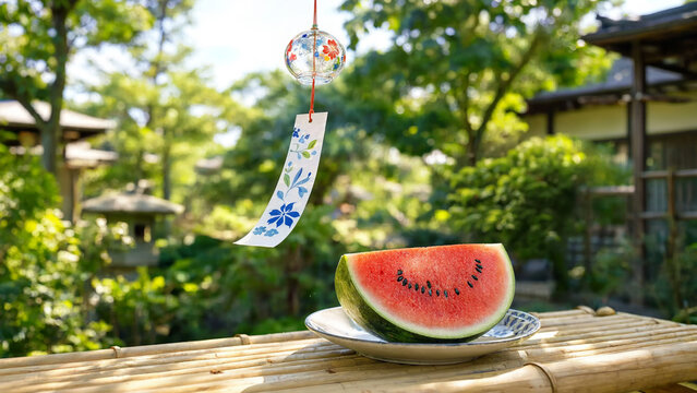 Japanese summer garden with furin wind chime, watermelon slice on bamboo veranda, obon festival season, bon tradition, ancestor remembrance, paper tanzaku, tranquil courtyard, refreshment