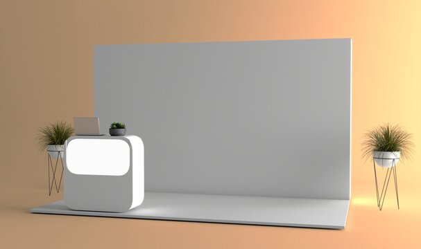 Trade stand mockup. Blank exhibit stand mockup, fair stand. Blank indoor exhibition with work paths. Blank trade exhibition booth system stand.