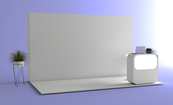 Trade stand mockup. Blank exhibit stand mockup, fair stand. Blank indoor exhibition with work paths. Blank trade exhibition booth system stand.