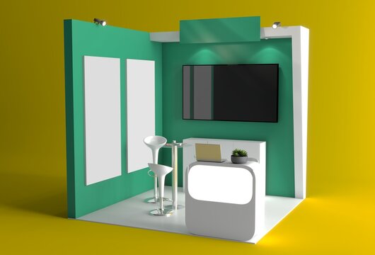 Trade stand mockup. Blank exhibit stand mockup, fair stand. Blank indoor exhibition with work paths. Blank trade exhibition booth system stand.