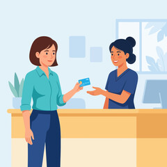 Fototapeta premium Customer Pays with Credit Card at Reception Desk - Flat Vector Illustration